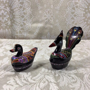 Vintage Hand Painted Lacquerware Bird Trinket Boxes - Made in Taiwan